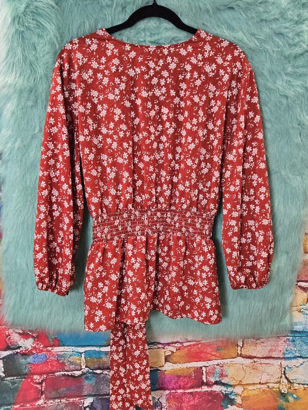 Max Studio Burnt Orange Redish Brown And White Floral Belted Waist Top Size Xl - Picture 2 of 7
